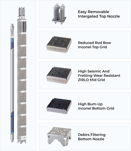 Easy Removable Intergated Top Nozzle, Reduced Rod Bow Inconel Top Grid, High Seismic And Fretting Wear Resistant ZIRLO Mid Grid, High Bum-Up Inconel Bottom Grid, Debirs Filtering Bottom Nozzle